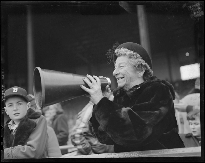 Lolly Hopkins cheers on the Braves with megaphone. CC BY-NC-ND 2.0 image from Boston Public Library